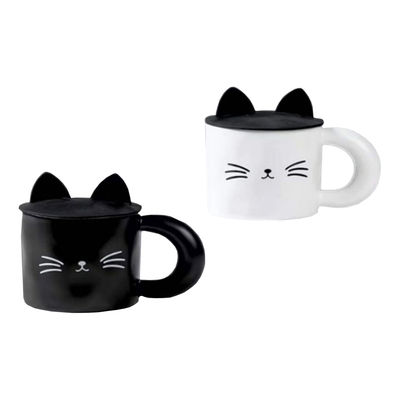 BLACK&WHITE CAT MUG CUP WITH SILICONE LID