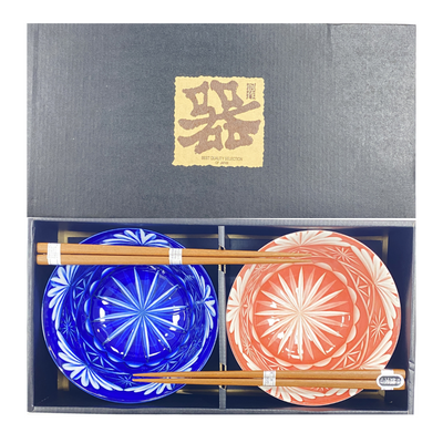 PAIR BOWL & CHOPSTICK SET EDO KIRIKO STYLE IN BOX