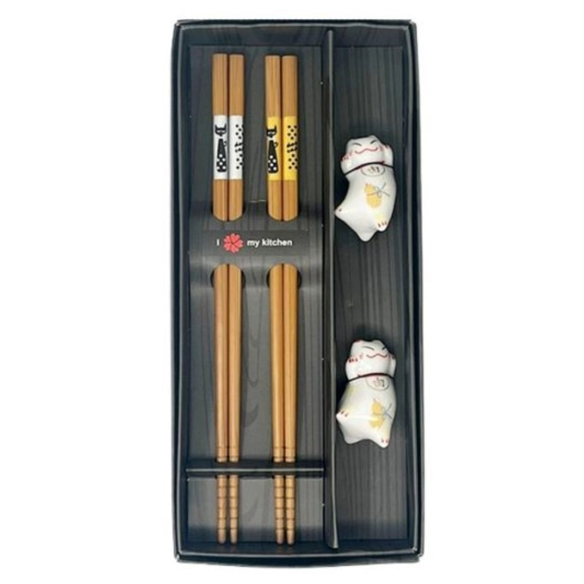 BAMBOO CHOPSTICKS SET WITH CERAMIC HOLDER CATS