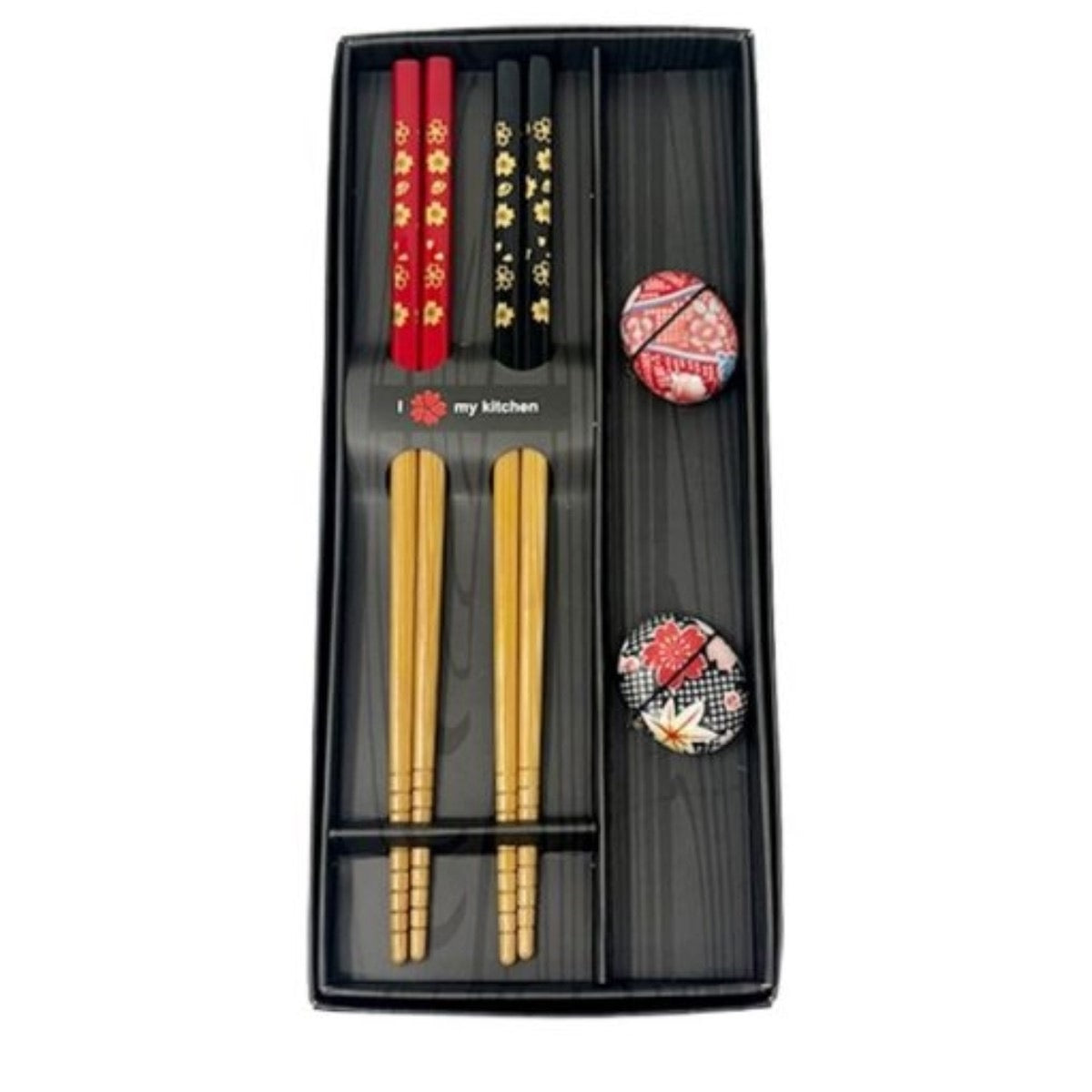 BAMBOO CHOPSTICKS SET WITH CERAMIC HOLDER BLACK AND RED SAKURA