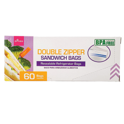 RESEALABLE DOUBLE ZIPPER SANDWICH BAGS 60BAGS